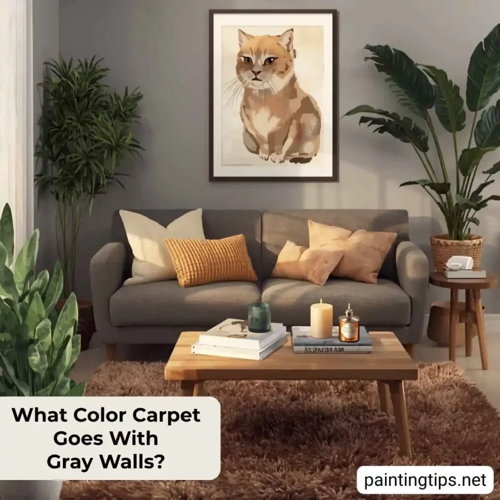 Gray walls with brown carpet.