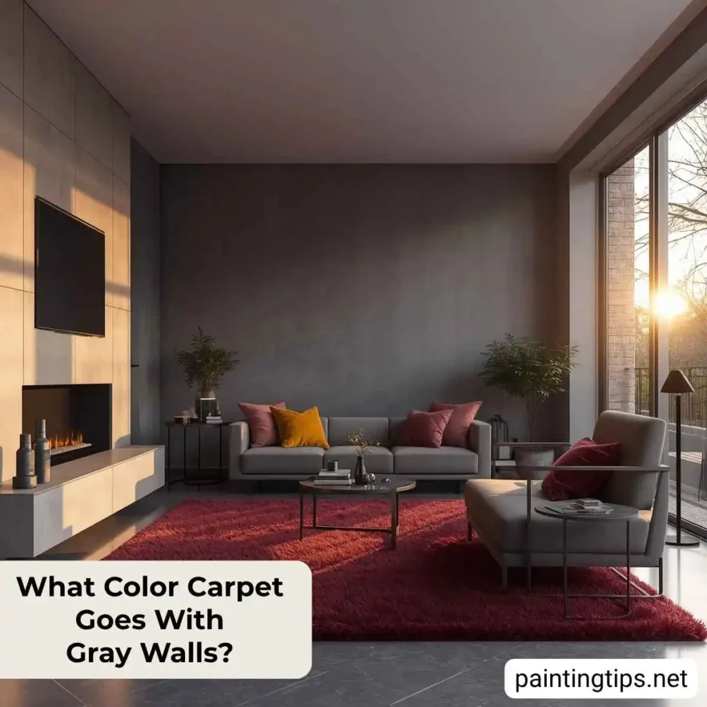 Gray walls with burgundy carpet.