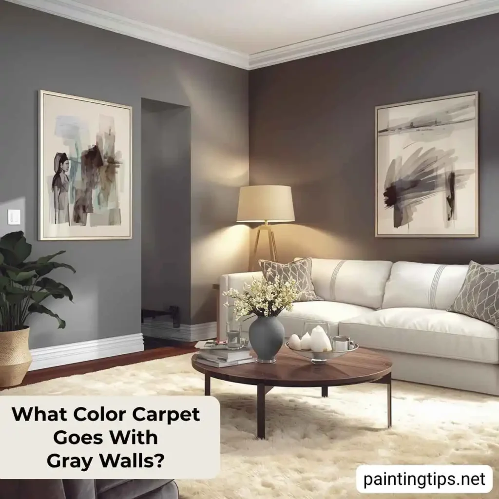 Gray walls with cream carpet.
