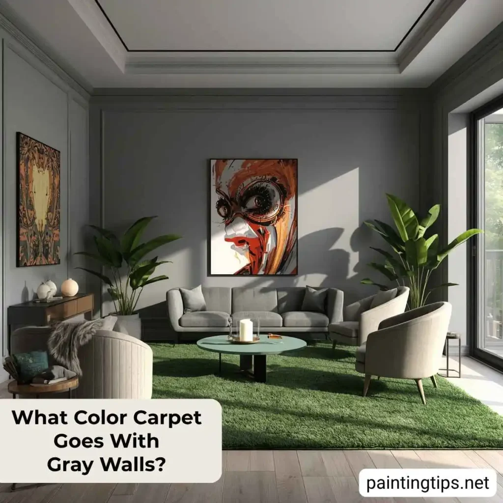 Gray walls with green carpet.
