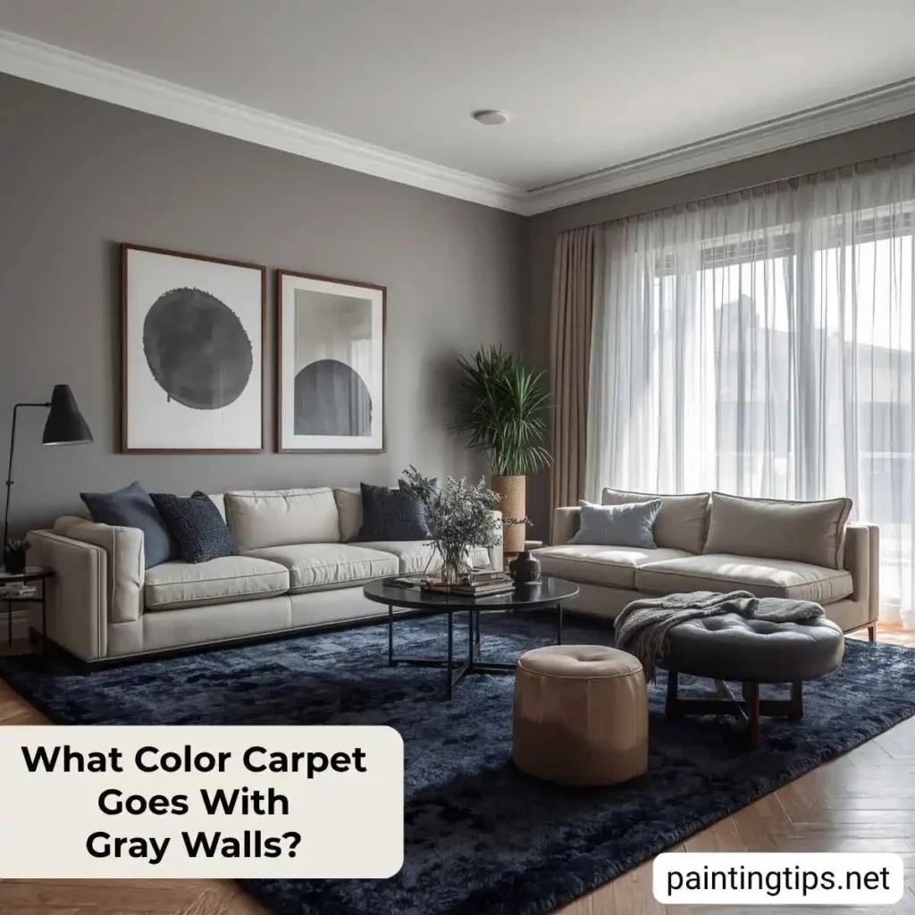 Gray walls with navy blue carpet.