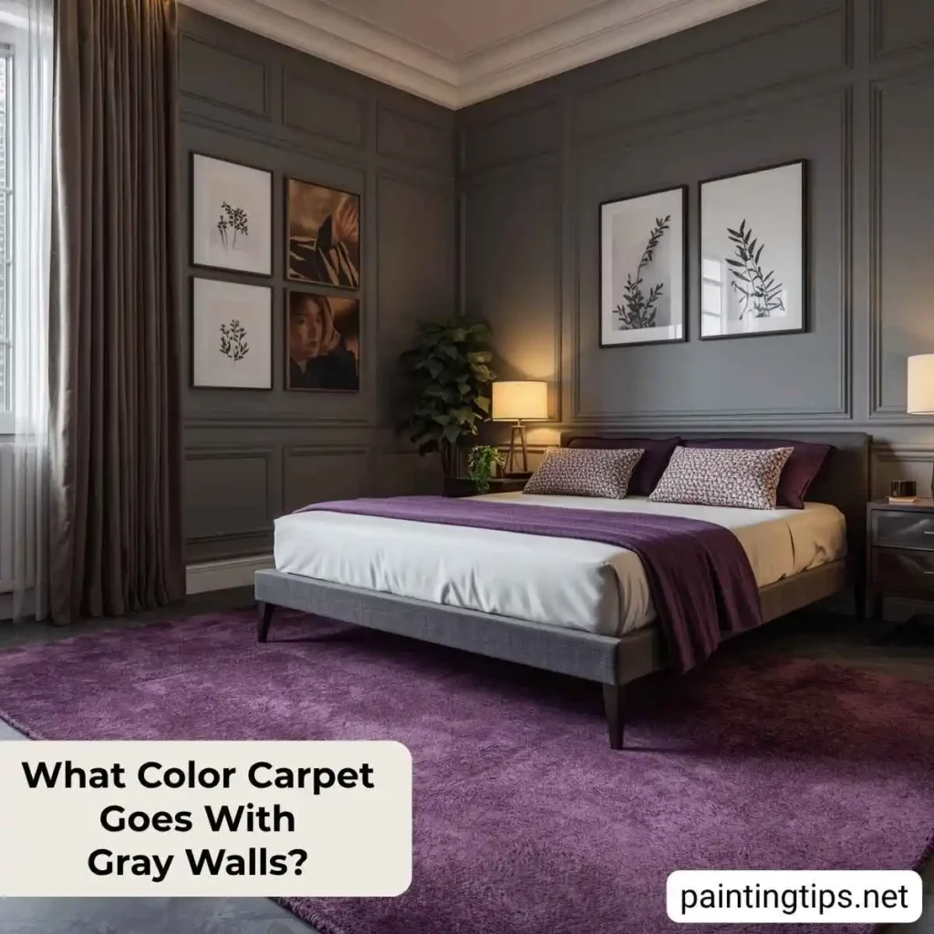 Gray walls with purple carpet.