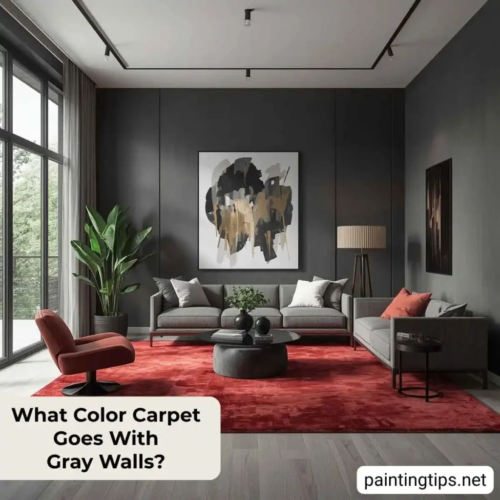 Gray walls with red carpet.