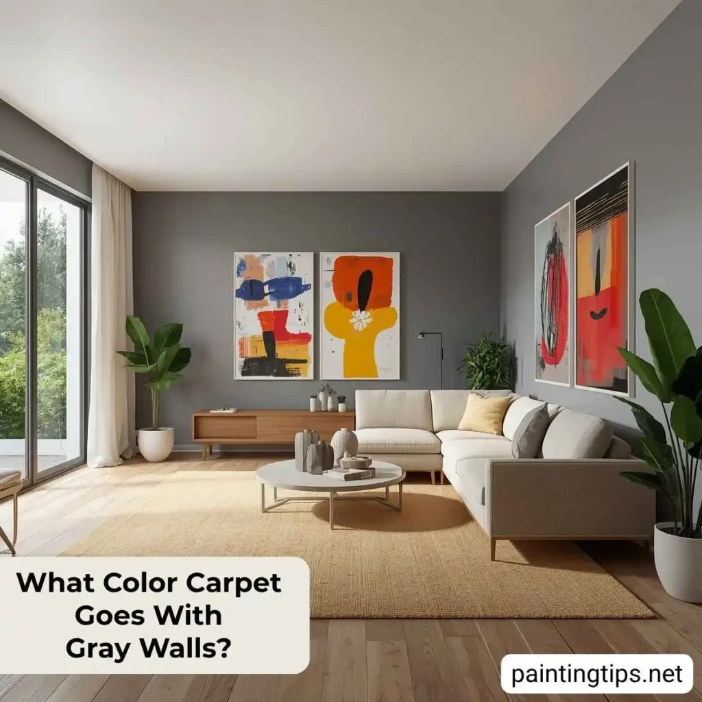 Gray walls with tan carpet.