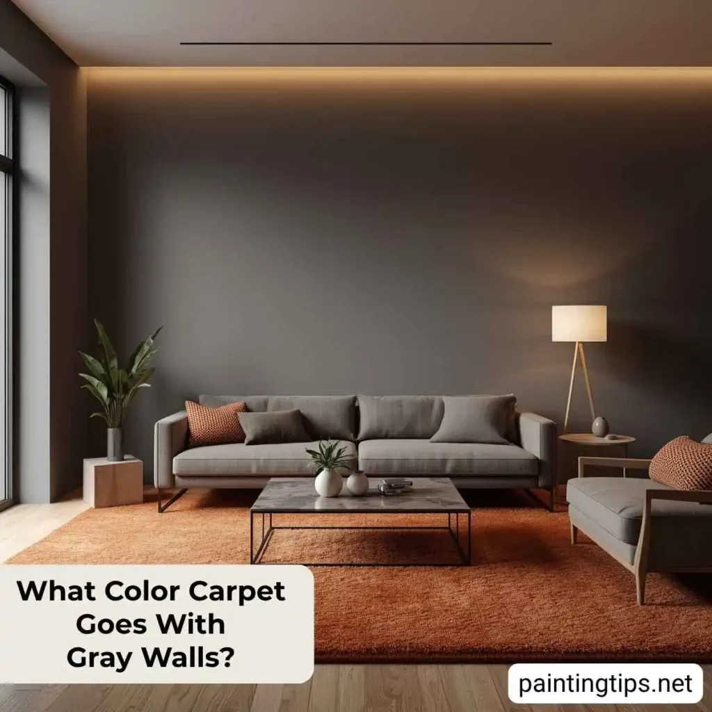 Gray walls with terracotta carpet.