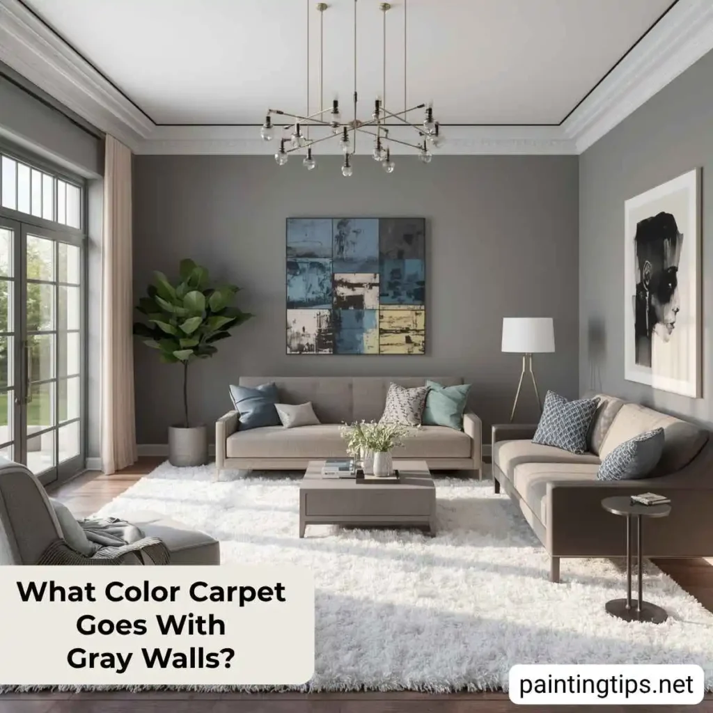 Gray walls with white carpet.