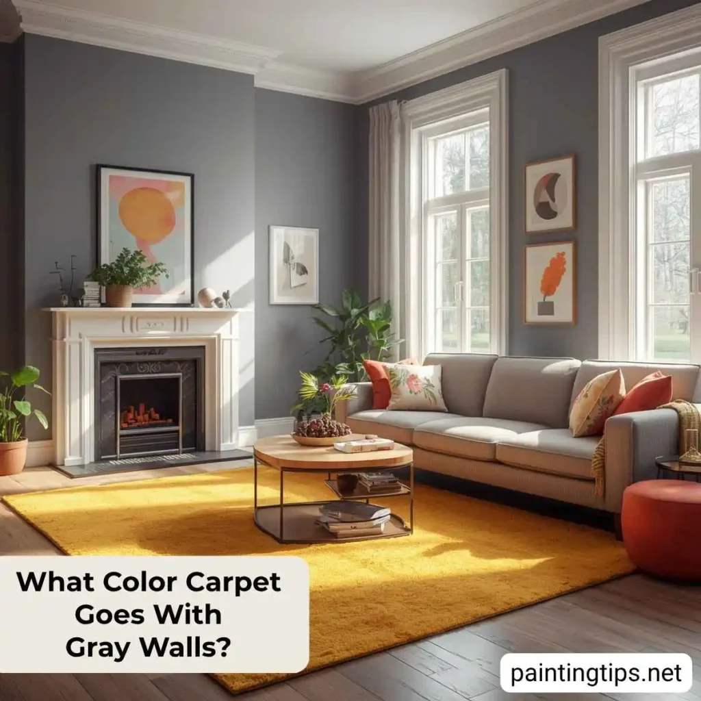 Gray walls with yellow carpet.