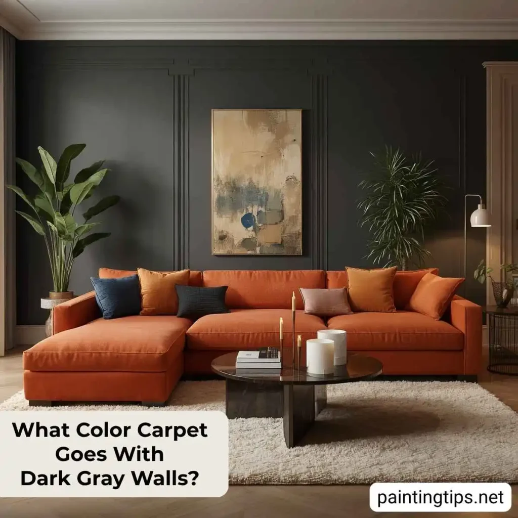 What color carpet goes with dark gray walls in a living room.