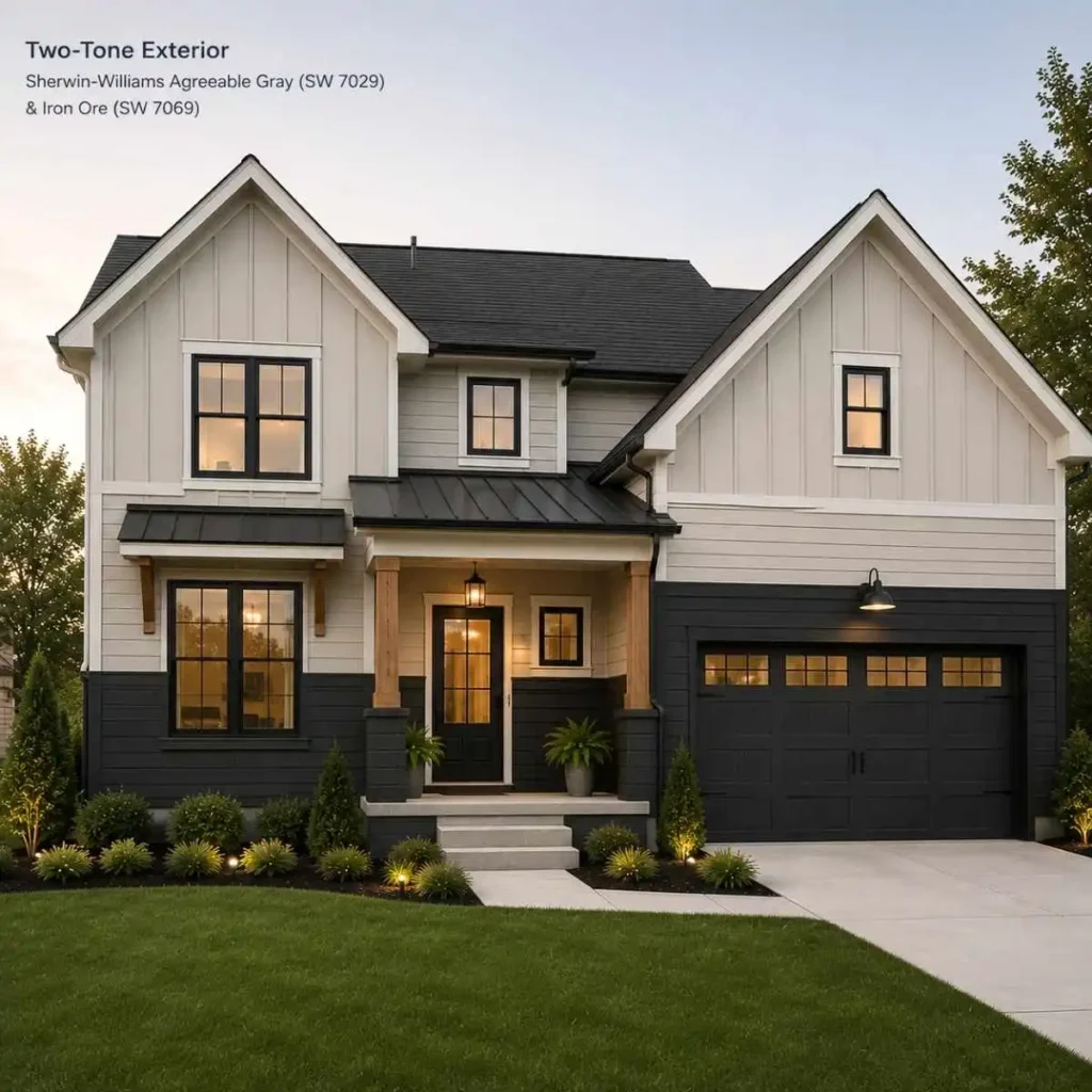 exterior.webp
Two-tone exterior featuring Sherwin Williams Agreeable Gray on the upper level and Iron Ore on the lower level of a modern farmhouse.