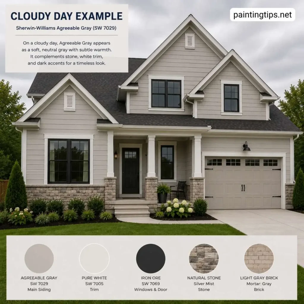 Agreeable Gray SW 7029 exterior paint under cloudy skies showing its soft warm gray undertones.