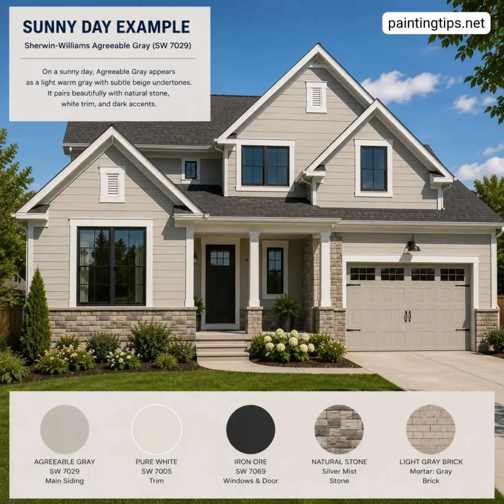 Sherwin Williams Agreeable Gray SW 7029 exterior shown in bright sunlight with crisp white trim and black accents.