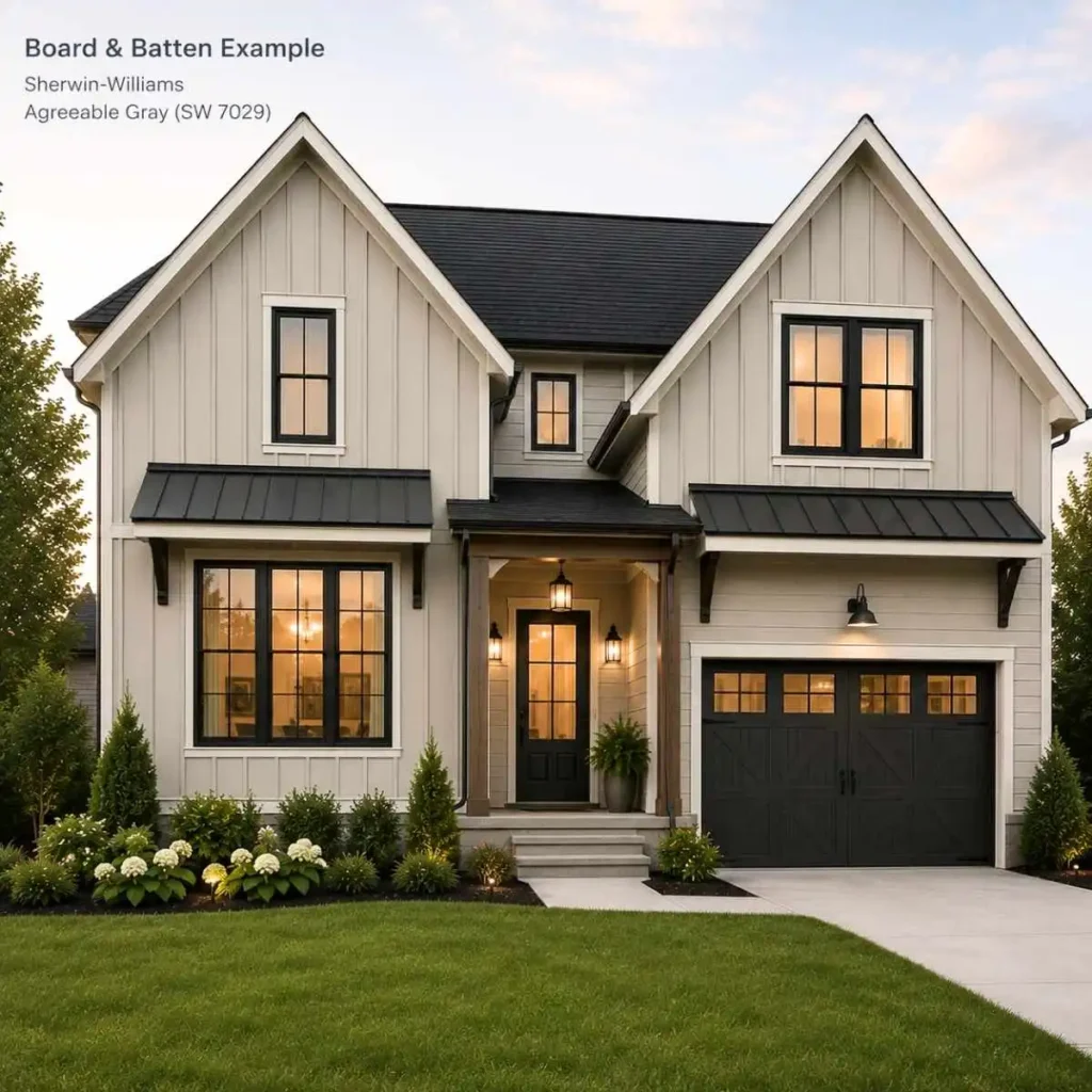 Modern board and batten house finished in Sherwin Williams Agreeable Gray SW 7029 with black window frames and white trim.
