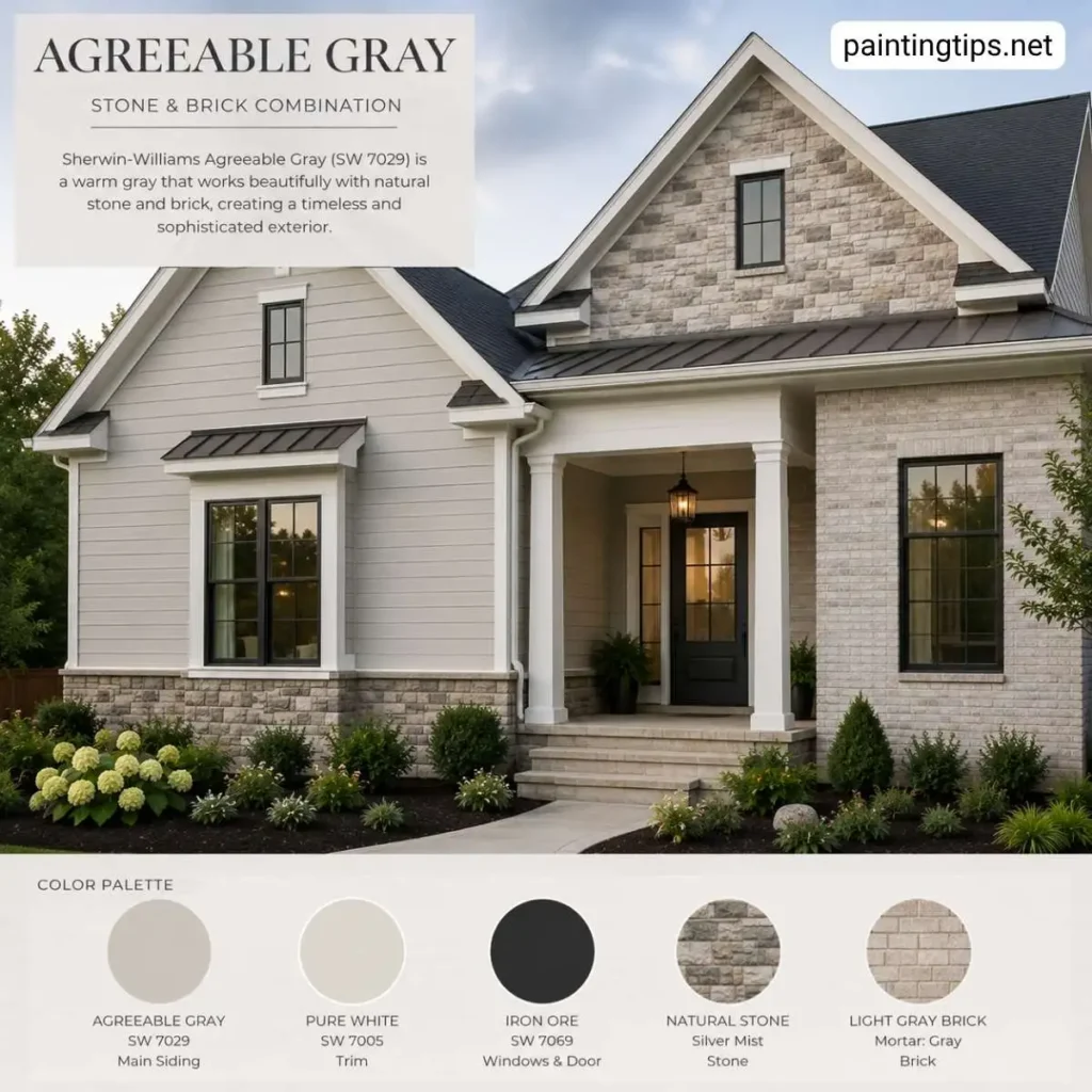 Sherwin Williams Agreeable Gray exterior paired with natural stone veneer, warm brick, white trim, and a black front door.