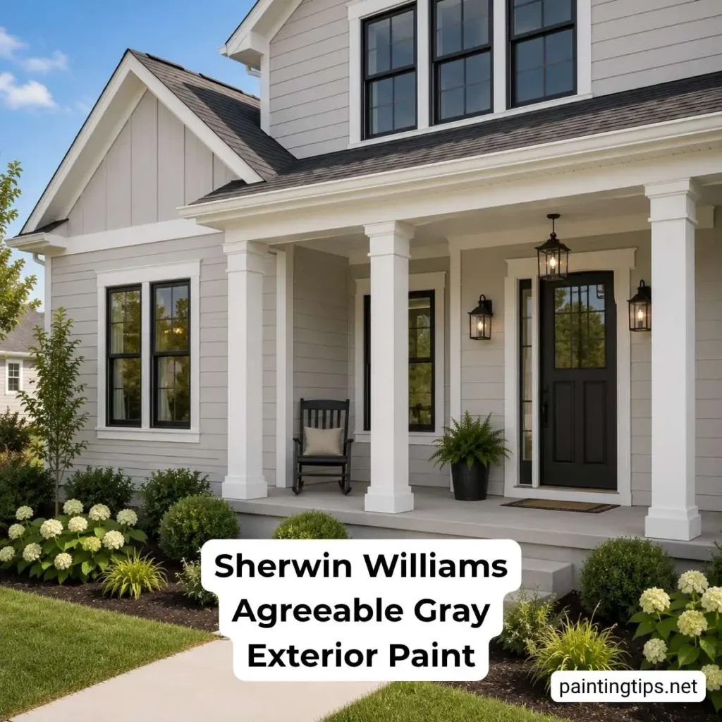 Close-up view of Sherwin Williams Agreeable Gray SW 7029 exterior siding with white trim and black windows.