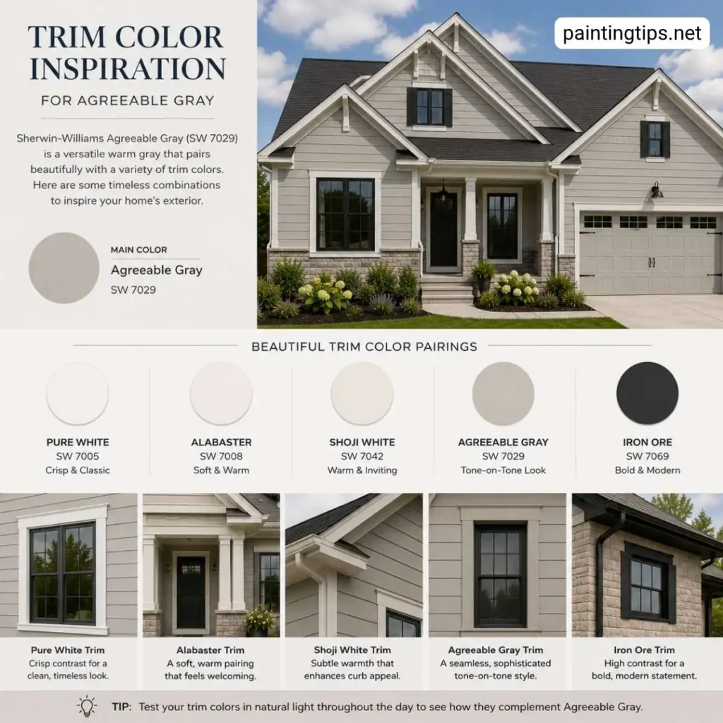 Sherwin Williams Agreeable Gray exterior with Pure White trim, black front door, and coordinating exterior colors.