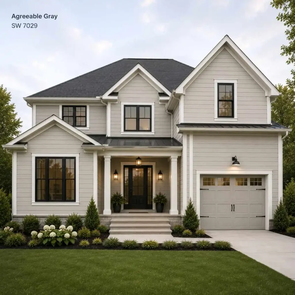Sherwin Williams Agreeable Gray SW 7029 on a modern home's exterior, showcasing its warm gray appearance and timeless curb appeal.