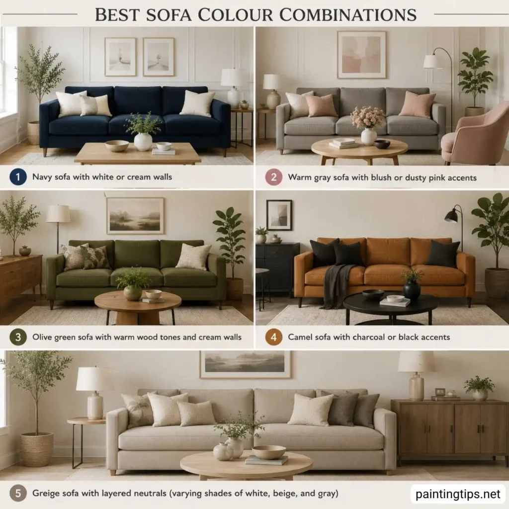 Modern living room ideas featuring the best sofa colour combinations, including navy, warm gray, olive green, camel, and greige sofas.