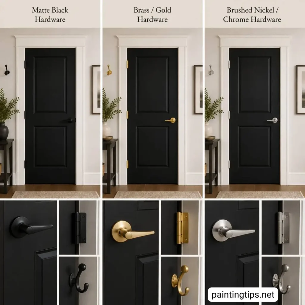 Comparison of matte black, brass, and brushed nickel hardware on black interior doors with white trim.