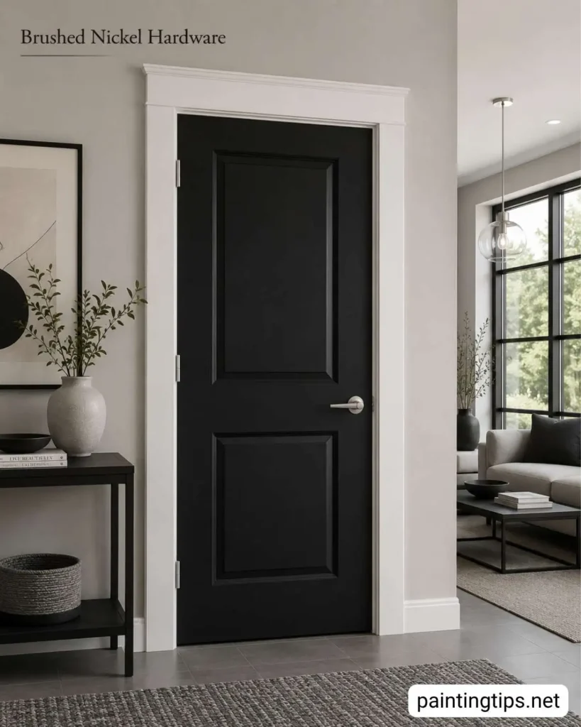 Brass door handle and hinges on a black interior door with white trim.