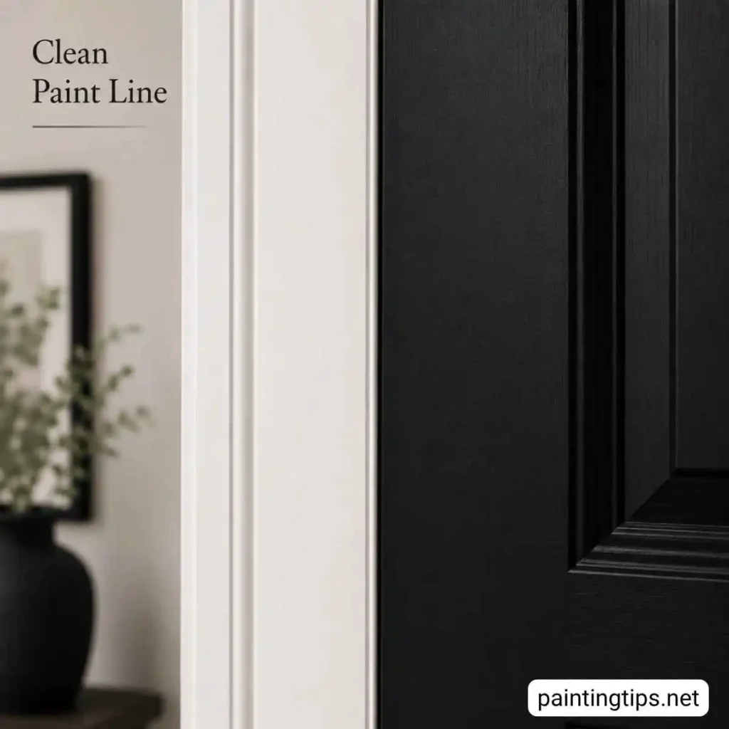 Close-up of a crisp paint line between a black interior door and white trim with a clean professional finish.