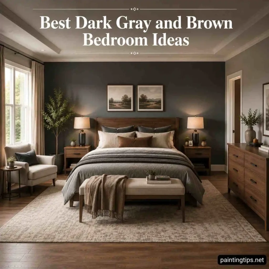 Wide view of a dark gray and brown bedroom featuring a charcoal accent wall, white ceiling, walnut wood furniture, layered neutral bedding, cream area rug, and large windows with natural daylight.