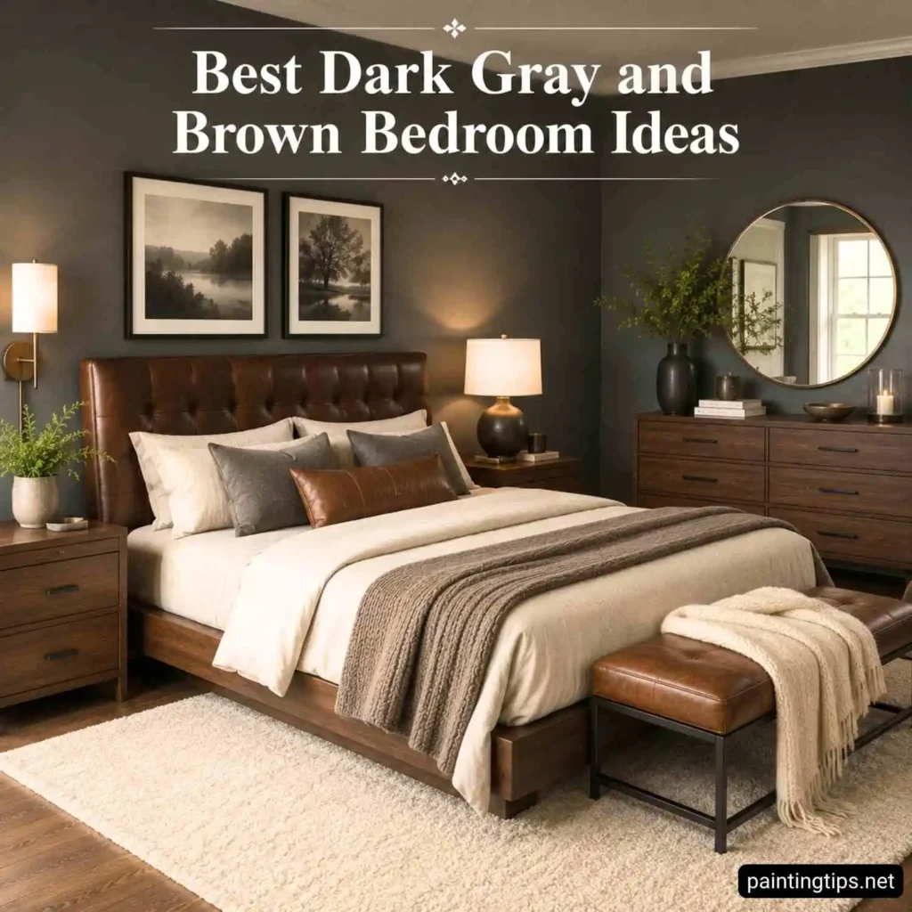 Elegant dark gray and brown bedroom with a brown leather headboard, white ceiling, charcoal accent wall, walnut furniture, cream bedding, beige area rug, and large sunlit windows.