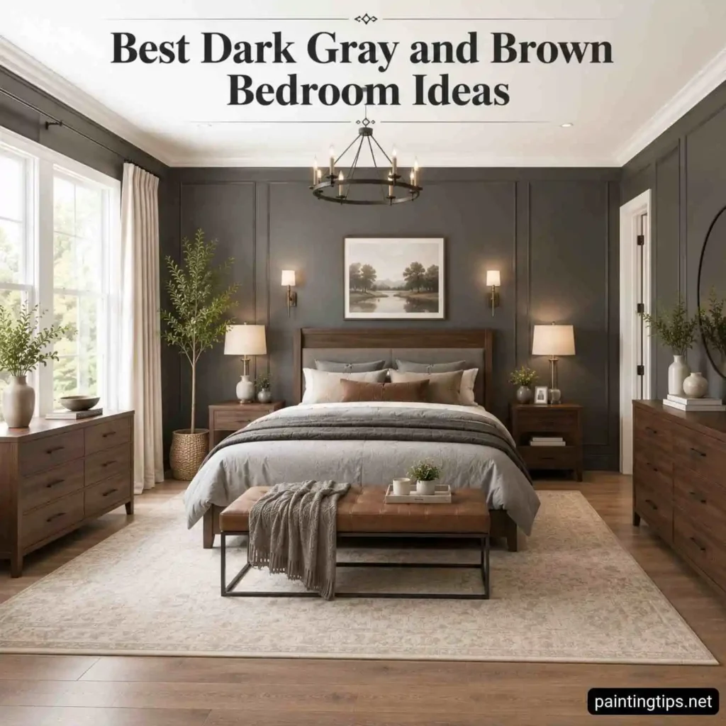 Dark gray and brown bedroom with charcoal paneled walls, white ceiling, layered lighting, walnut wood furniture, leather bench, cream area rug, and large windows bringing in natural light.