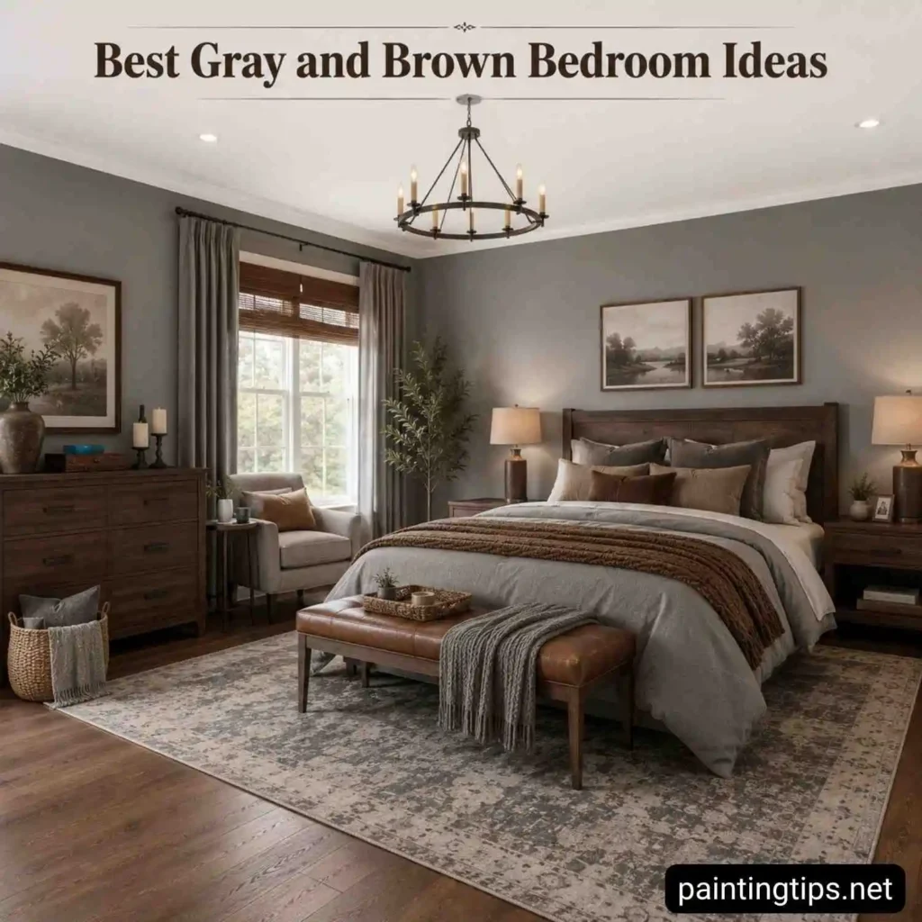 Wide view of a gray and brown bedroom with white ceiling, layered bedding, leather bench, gray curtains, patterned area rug, woven baskets, and warm wood furniture.