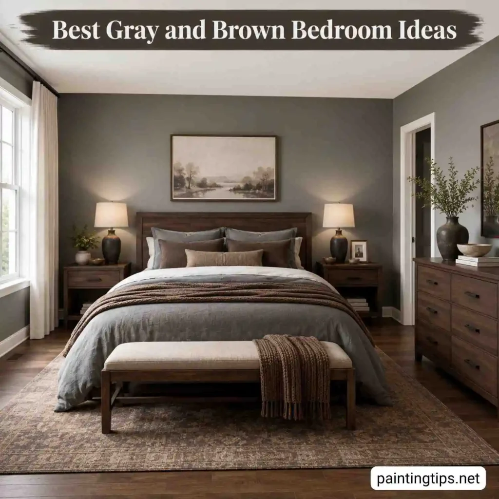 Gray and brown bedroom with white ceiling, dark hardwood flooring, warm brown wood furniture, gray walls, and layered neutral bedding.