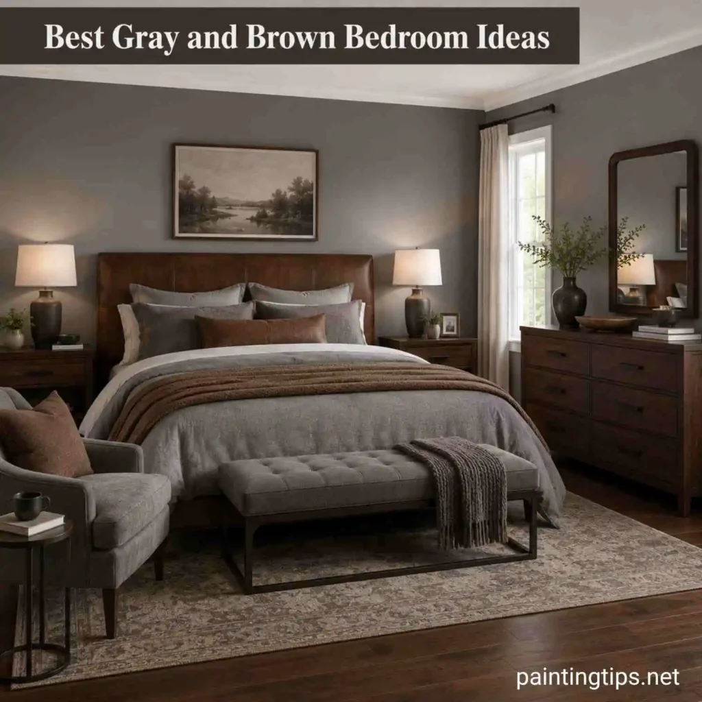 Gray bedroom with a brown leather headboard, walnut wood dresser and nightstands, gray upholstered bench and armchair, white ceiling, and layered neutral bedding.