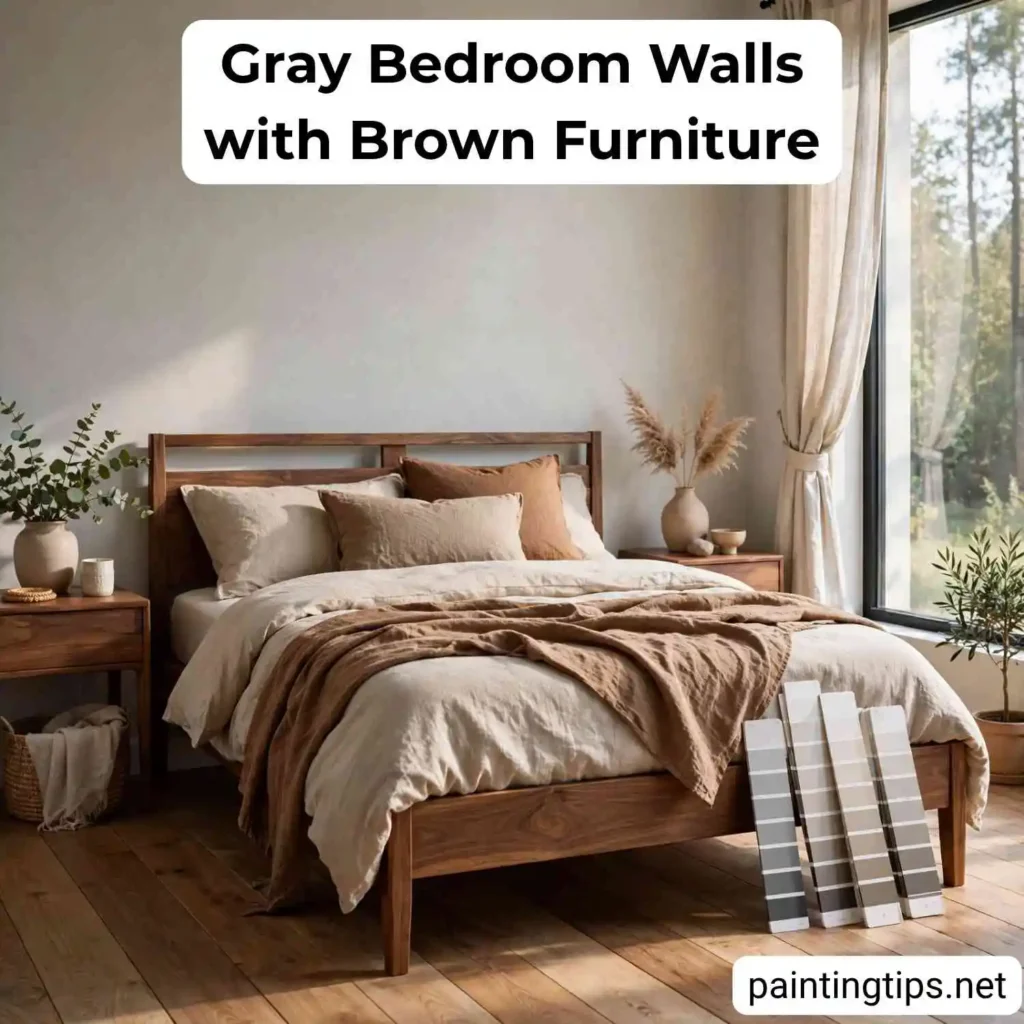 Grey bedroom walls with brown furniture.