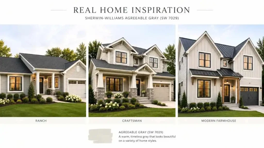 Three real home styles featuring Sherwin Williams Agreeable Gray SW 7029 exterior paint, including ranch, craftsman, and modern farmhouse designs.