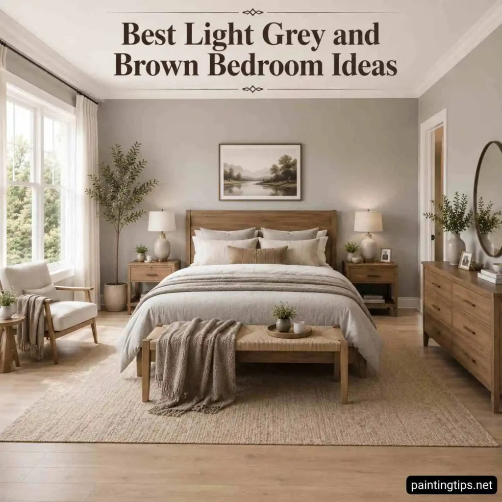 Bright light grey and brown bedroom with soft dove gray walls, white ceiling, light oak furniture, neutral bedding, woven bench, beige rug, and large windows with sheer curtains.