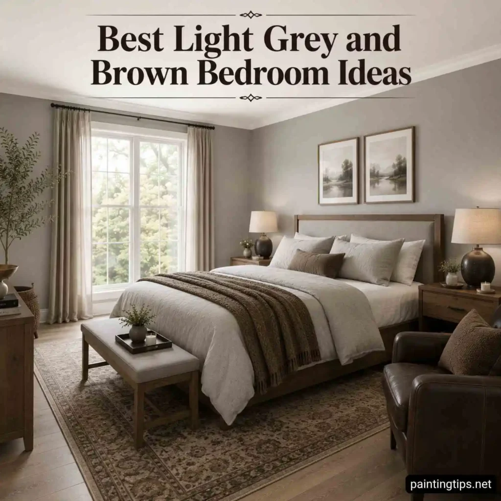 Bright light grey and brown bedroom with soft gray walls, white ceiling, light wood furniture, cream bedding, dark brown leather accent chair, patterned rug, and large windows with natural daylight.