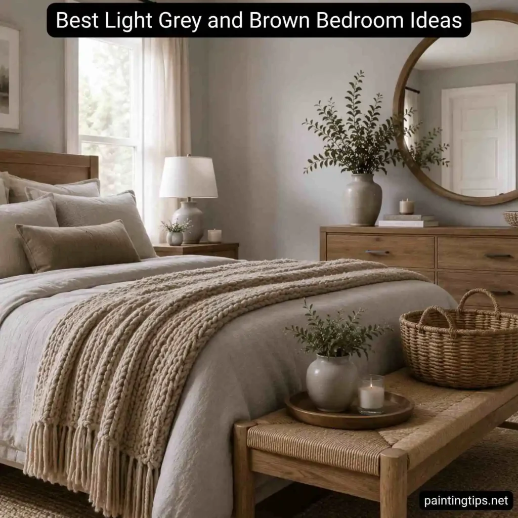 Close-up of a light grey and brown bedroom with a white ceiling, chunky knit throw, linen bedding, woven bench, wicker basket, wood-framed round mirror, oak furniture, and soft natural daylight.