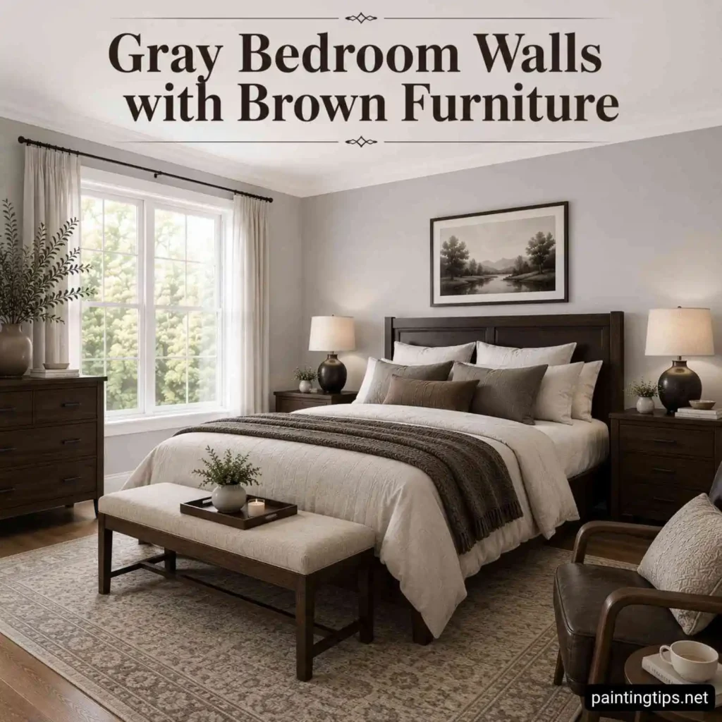 Bright bedroom with light dove gray walls, white ceiling, dark walnut furniture, cream bedding, upholstered bench, and large windows bringing in abundant natural daylight.