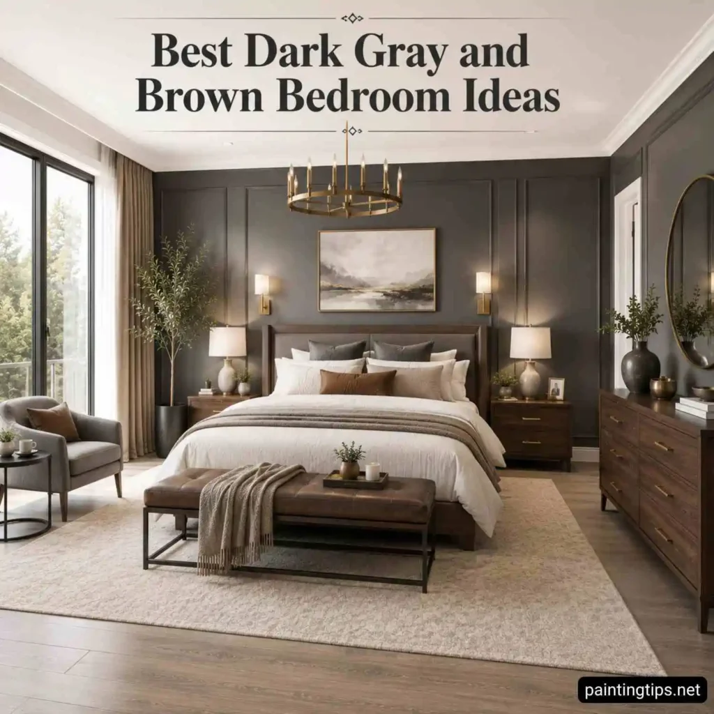 Bright luxury dark gray and brown bedroom with charcoal paneled walls, white ceiling, walnut furniture, cream bedding, leather bench, brass lighting, and large windows with abundant natural light.