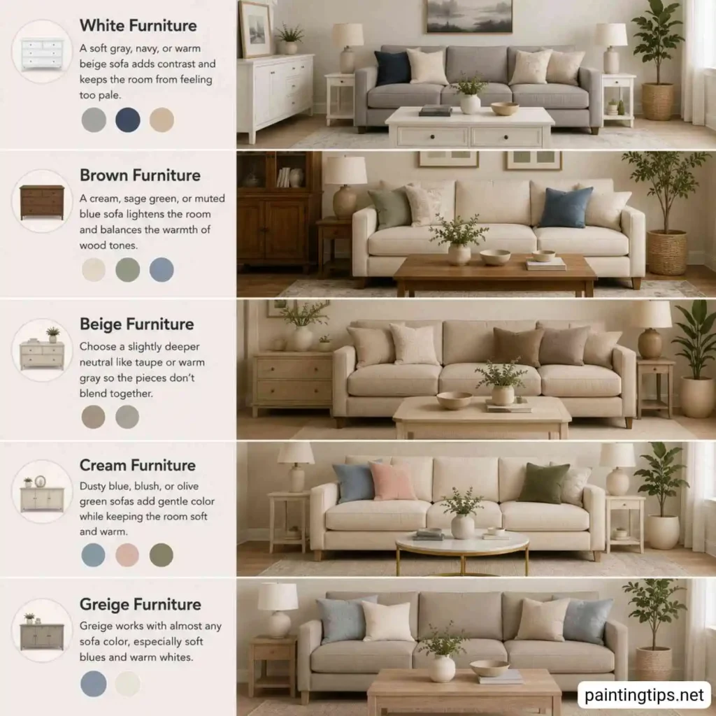 Modern living room examples showing how to match sofa colors with existing white, brown, beige, cream, and greige furniture.