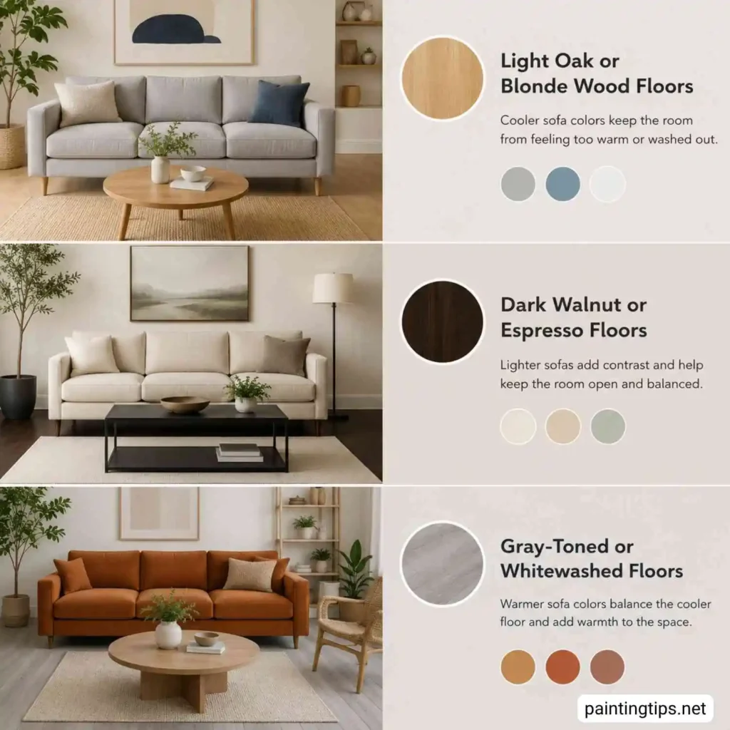 Modern living rooms showing how to match sofa colors with light oak, dark walnut, and gray-toned wood flooring.