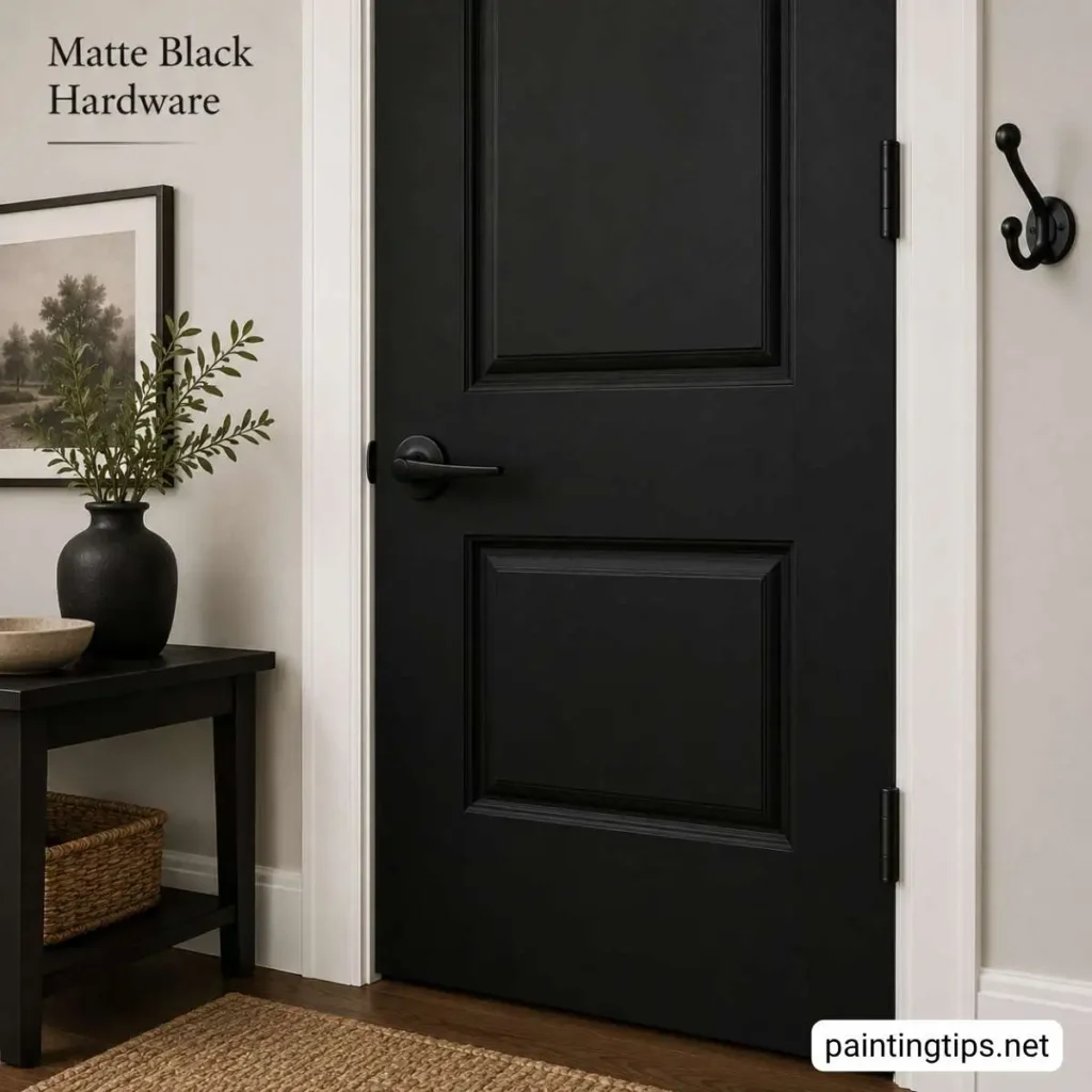 Close-up of a black interior door with white trim featuring matte black door hardware and hinges.