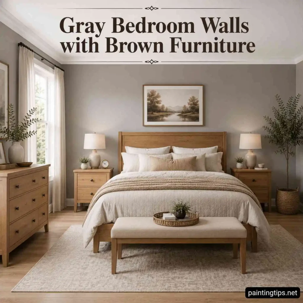 Bright bedroom with warm mid-gray walls, white ceiling, light oak furniture, cream bedding, upholstered bench, and large windows filled with natural daylight.