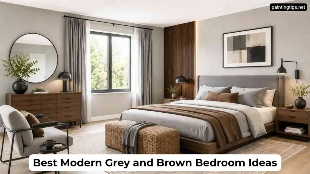 Bright modern grey and brown bedroom with a low platform bed, white ceiling, slatted wood accent wall, matte black lighting, minimalist furniture, and large window.