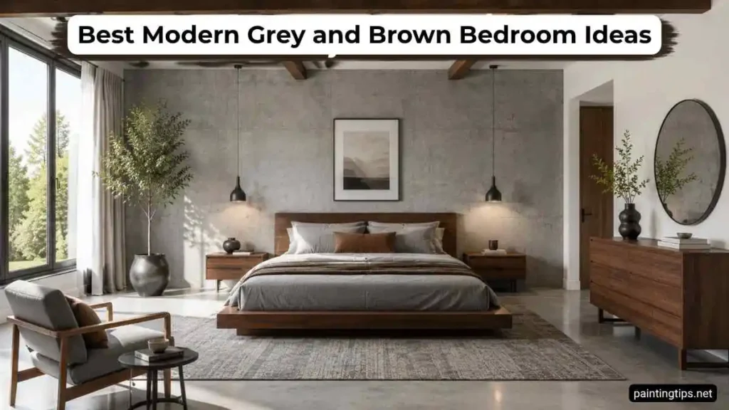 Bright modern grey and brown bedroom with a concrete-look feature wall, exposed wood beam ceiling, walnut platform bed, polished concrete floor, white walls, and minimalist decor.