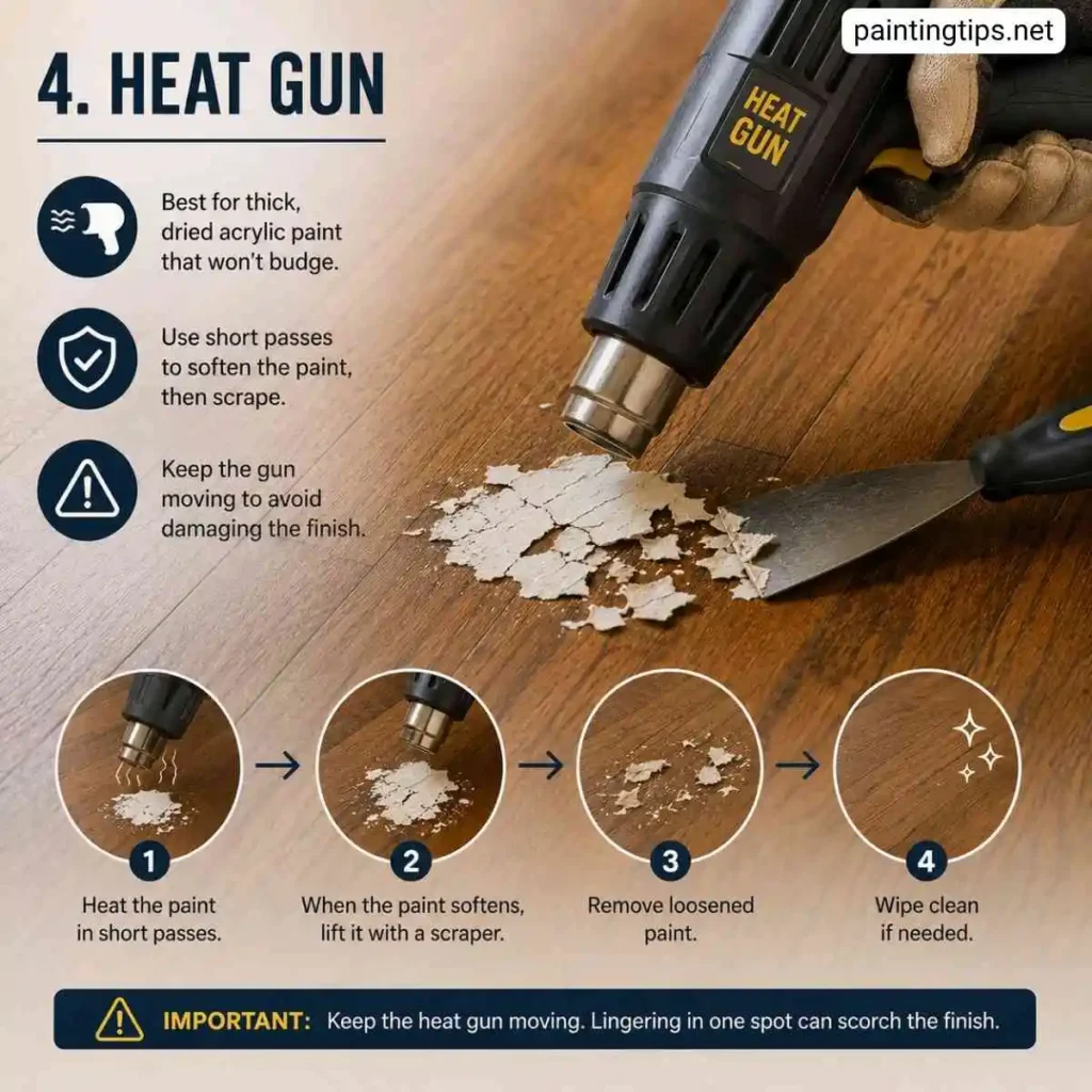 Removing paint from a wooden surface with a heat gun.