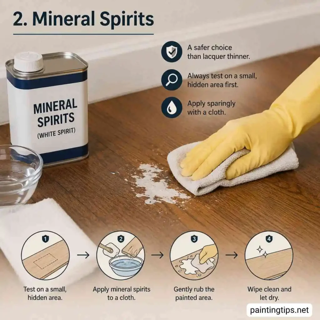 Removing paint from wooden floors with mineral spirits.