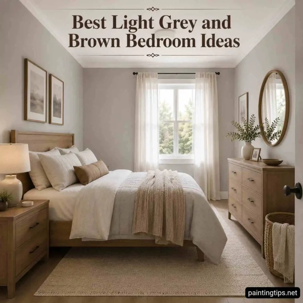 Small light grey and brown bedroom with soft gray walls, white ceiling, light oak bed and dresser, sheer curtains, chunky knit throw, woven basket, and abundant natural daylight.