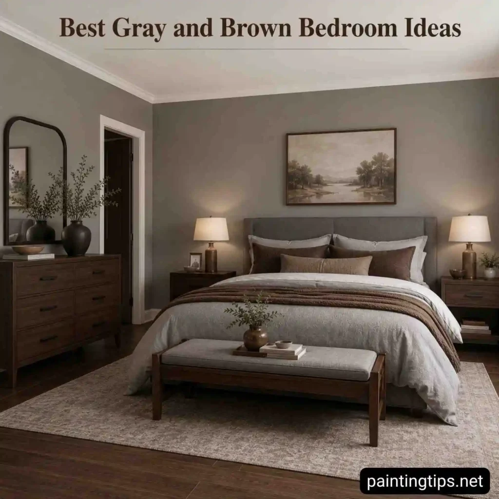Bedroom with warm gray walls, dark brown wood furniture, white ceiling, upholstered gray bed, neutral bedding, and a wooden bench at the foot of the bed.