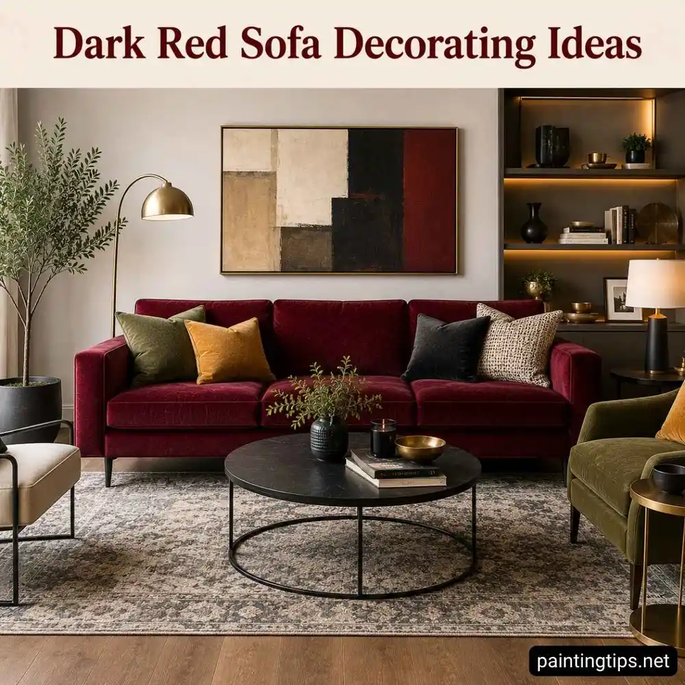 A modern living room with dark red sofa.