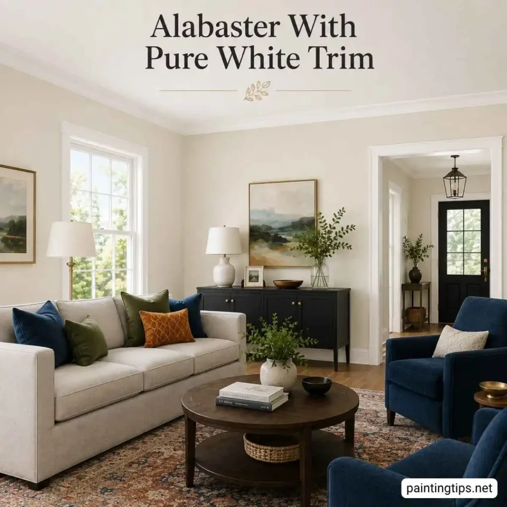 Alabaster walls with extra white trim.