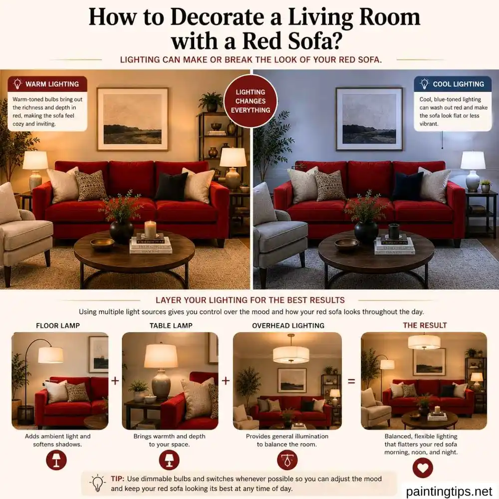 How to decorate a living room with a red couch?